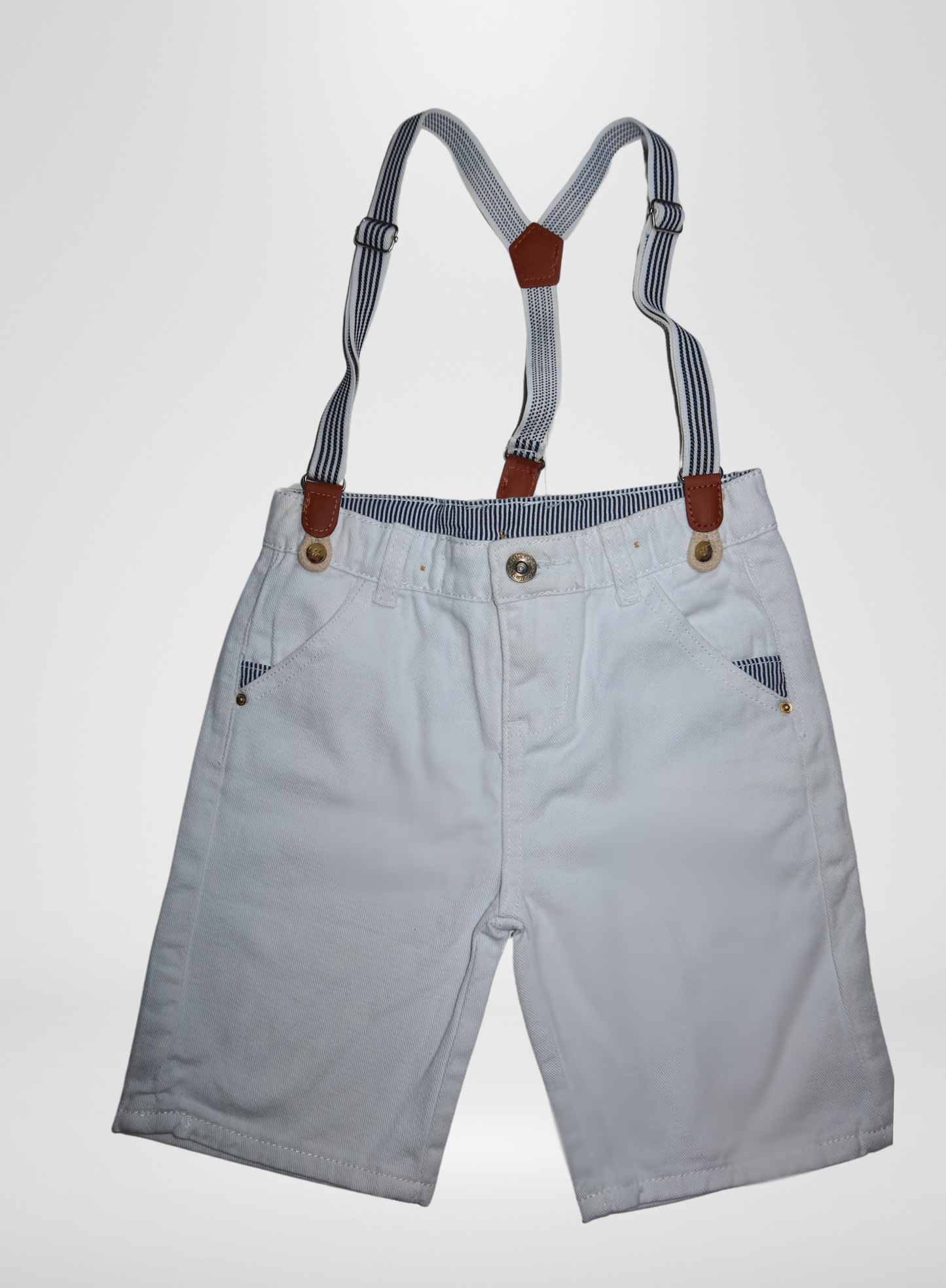 Boys White Denim Short w/ Suspenders
