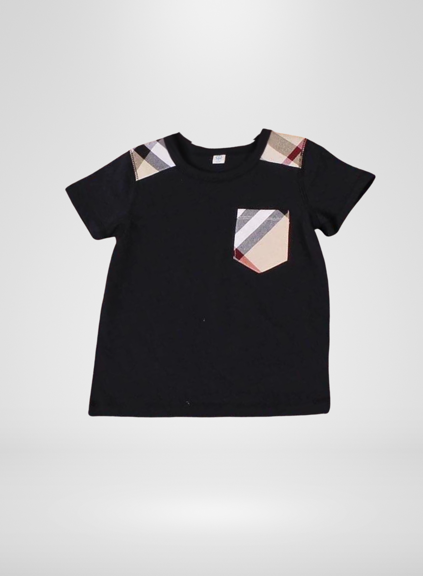 Black Boys T-Shirt Plaid Shoulder and Pocket