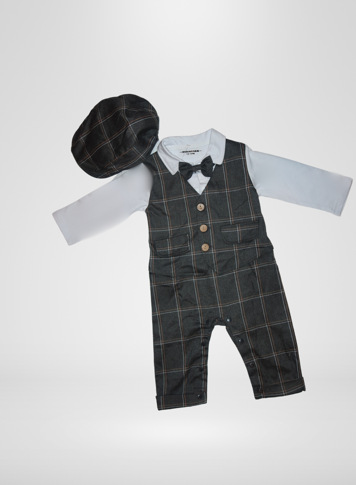 One Piece Boys Vest Suit Grey w/bow Tie w/ Hat
