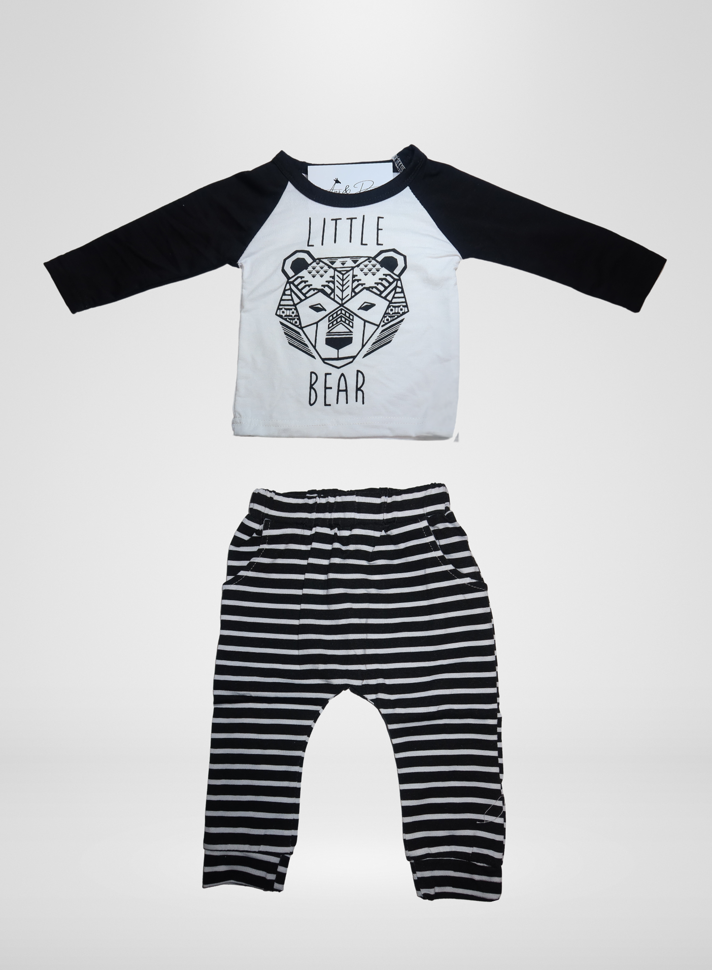 Boys 2pc Pants Set Black and White Stripped Bear