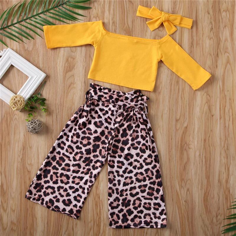Girls 2 Pcs Orange Leopard Pants Set w/belt and Head Tie