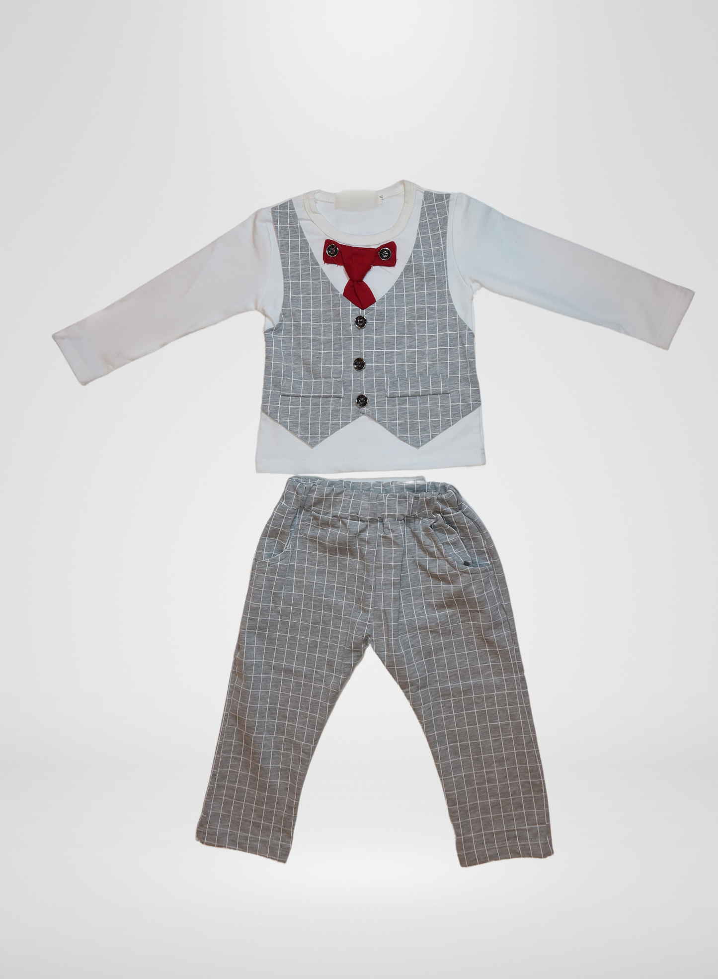 Boys Grey Grid 2p Set with Red Tie