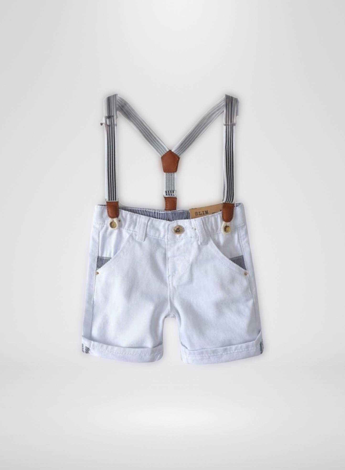 Boys White Denim Short w/ Suspenders