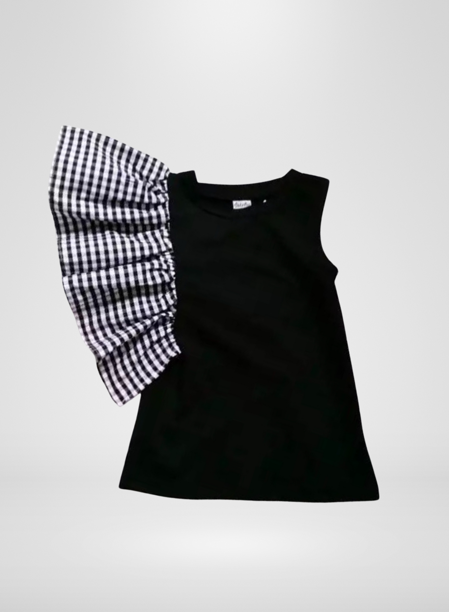 Black Mini Dress With One Sleeve Plaid Ruffle