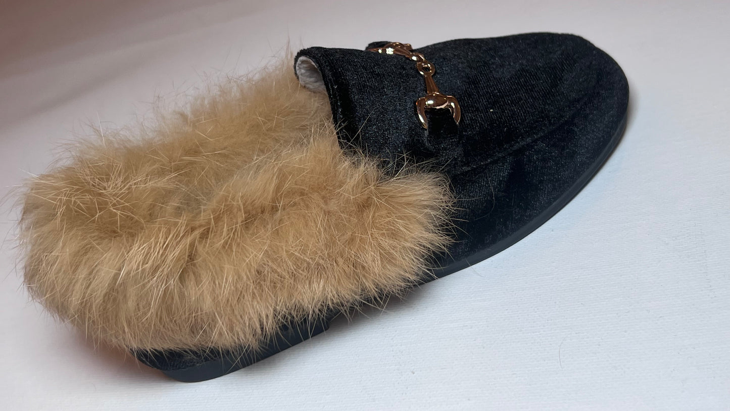 Black Velvet Furry Loafers