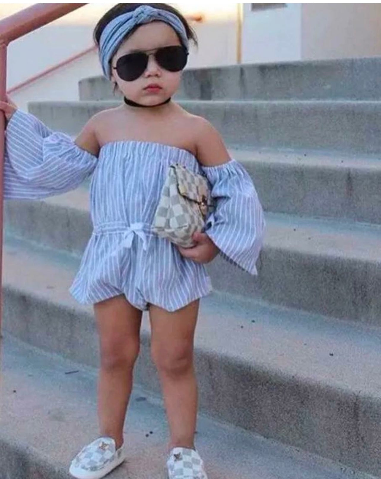 Blue Stripped Romper Off-Shoulder