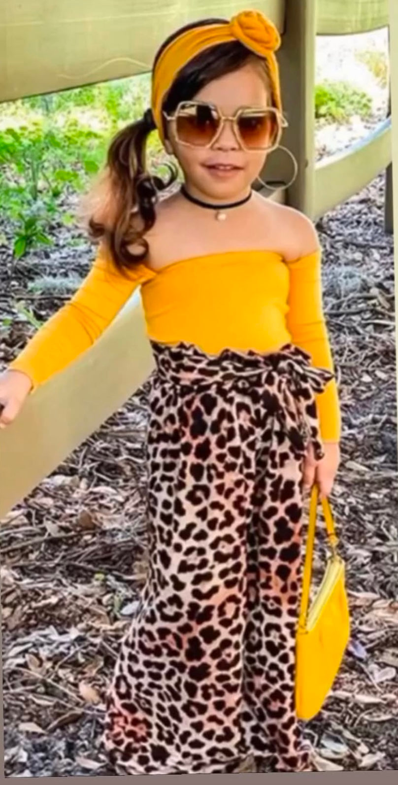 Girls 2 Pcs Orange Leopard Pants Set w/belt and Head Tie