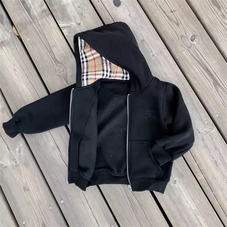Boys Black Zip-Up Plaid Sweatshirt