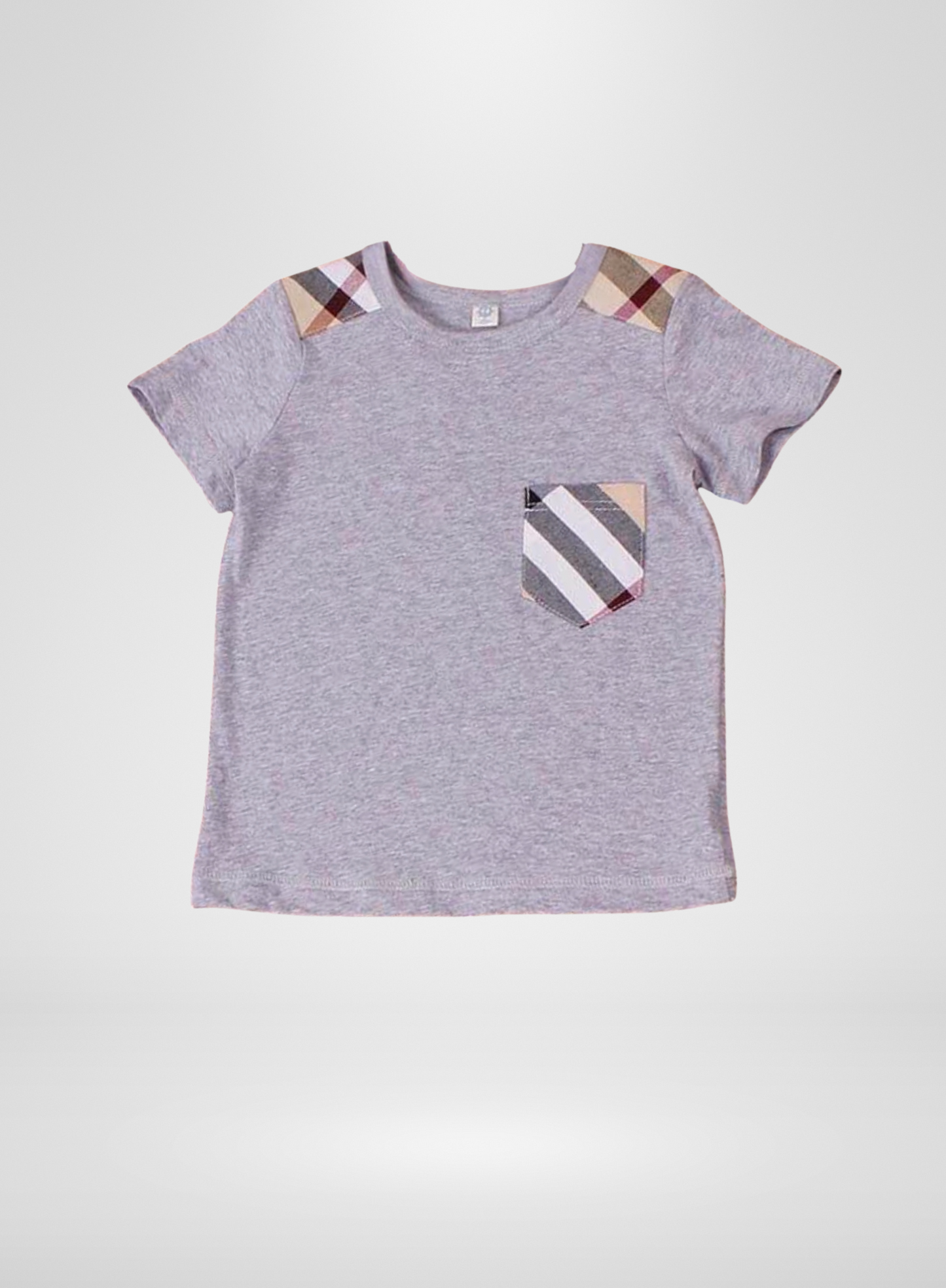Grey Boys T-Shirt Plaid Shoulder and Pocket