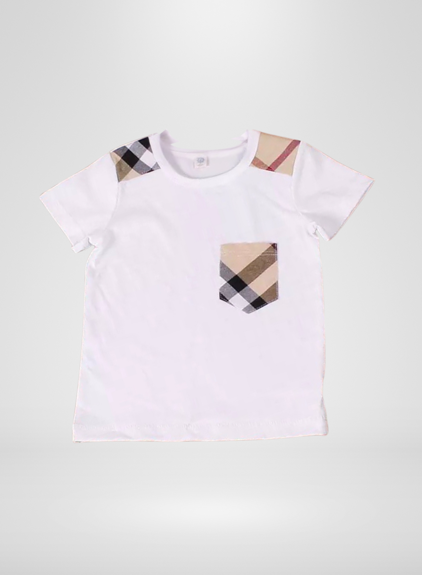 White Boys T-Shirt Plaid Shoulder and Pocket