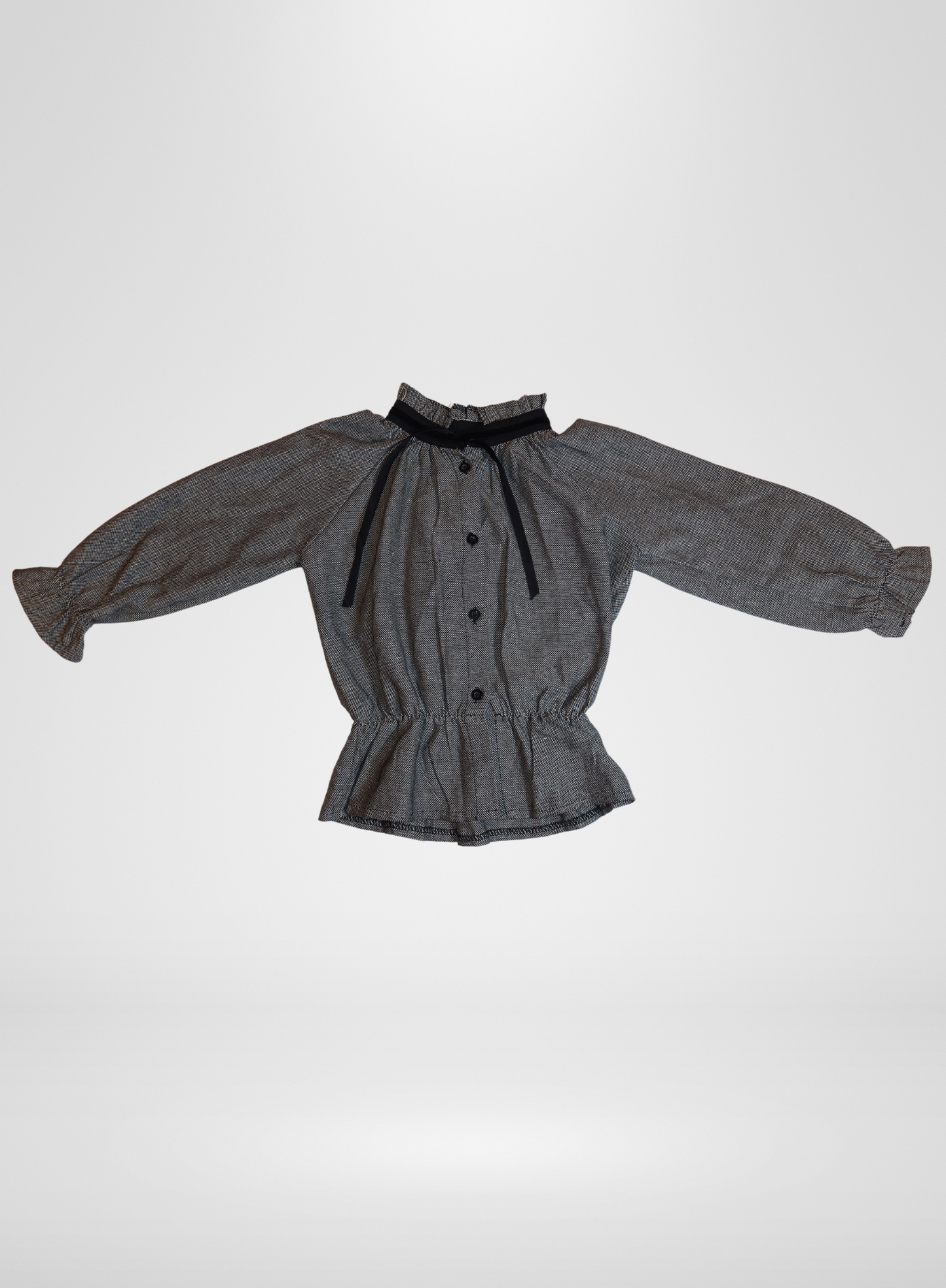 Ruffled Trim Grey Print Blouse w/ Black Tie