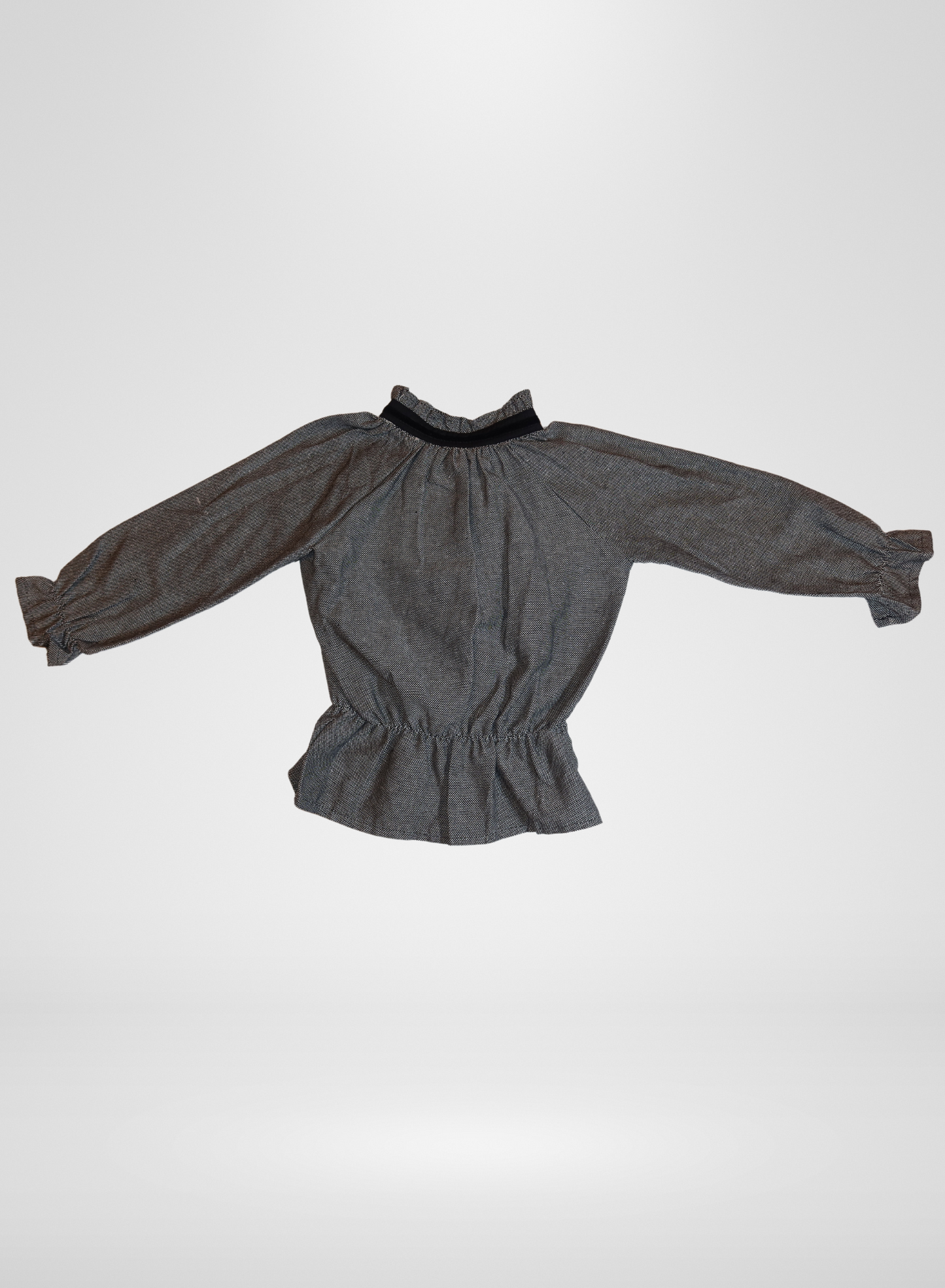 Ruffled Trim Grey Print Blouse w/ Black Tie
