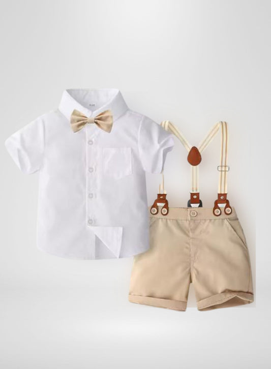 Boys Clasic 3-Pece Outfit, Shirt, Shorts, Bow Tie & Suspenders
