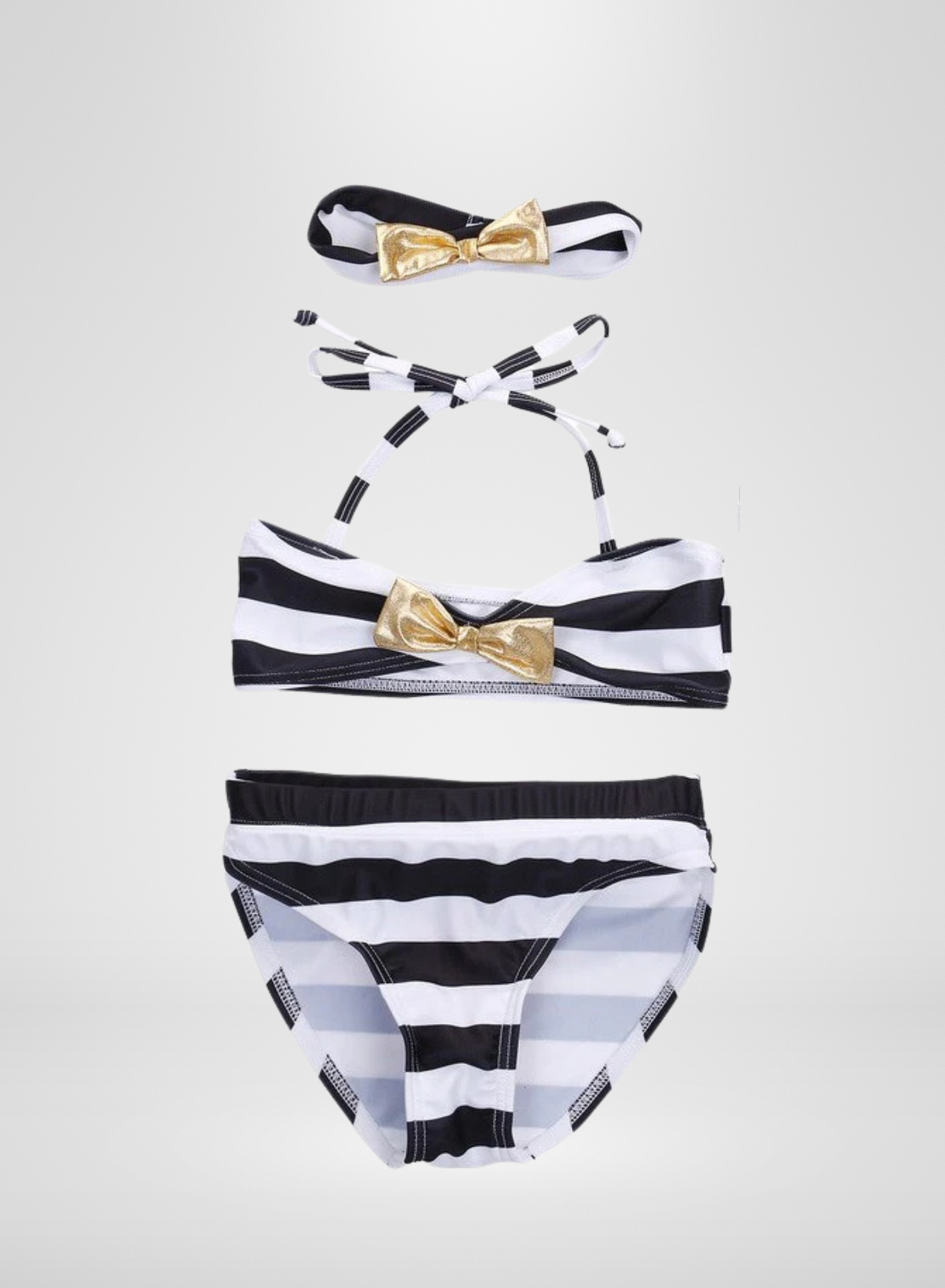 Black and White Bikini w/Gold Bow & Headband