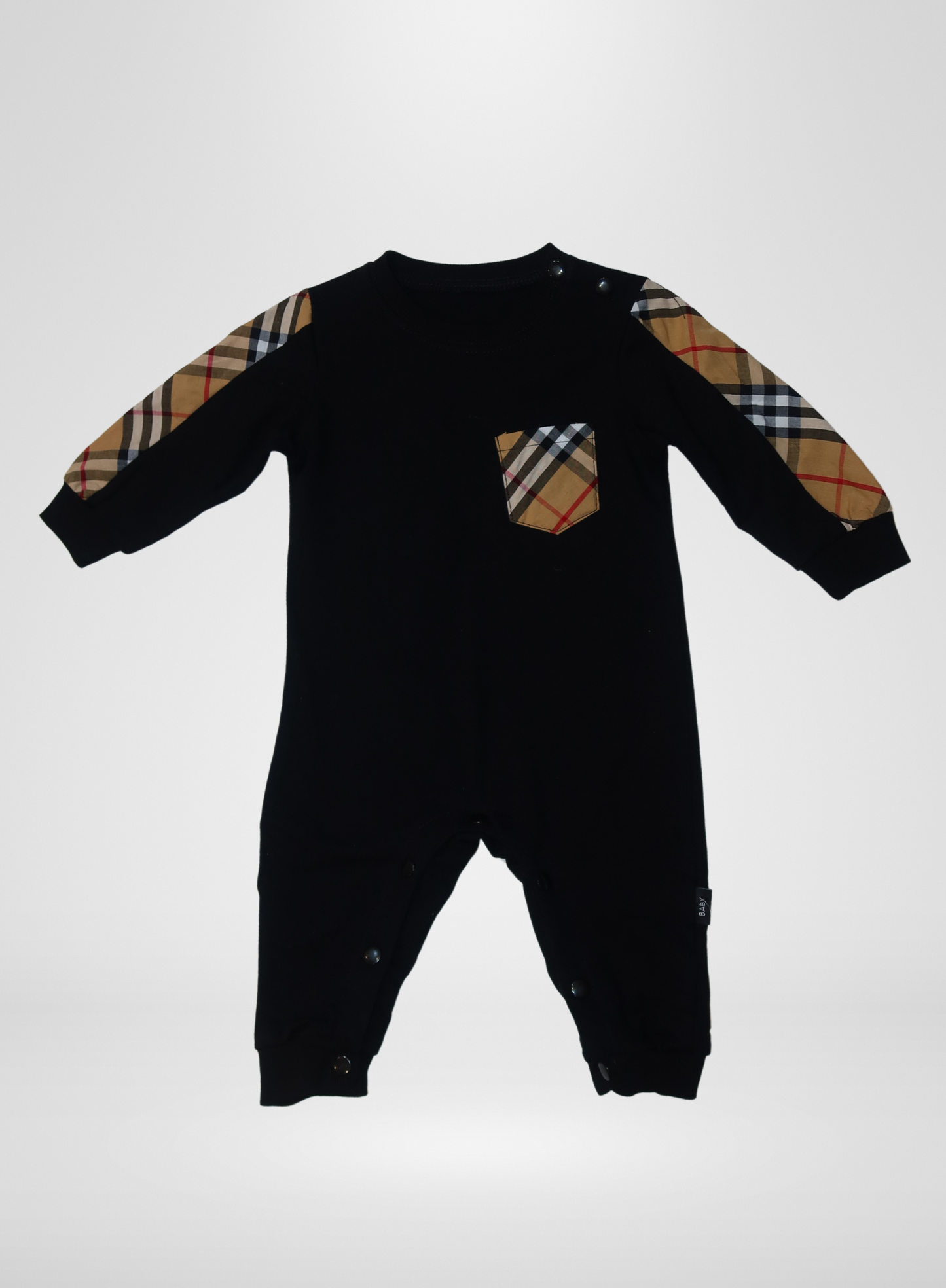 Boys Black Onesie w/ Plaid Sleeve and Pocket w/hat