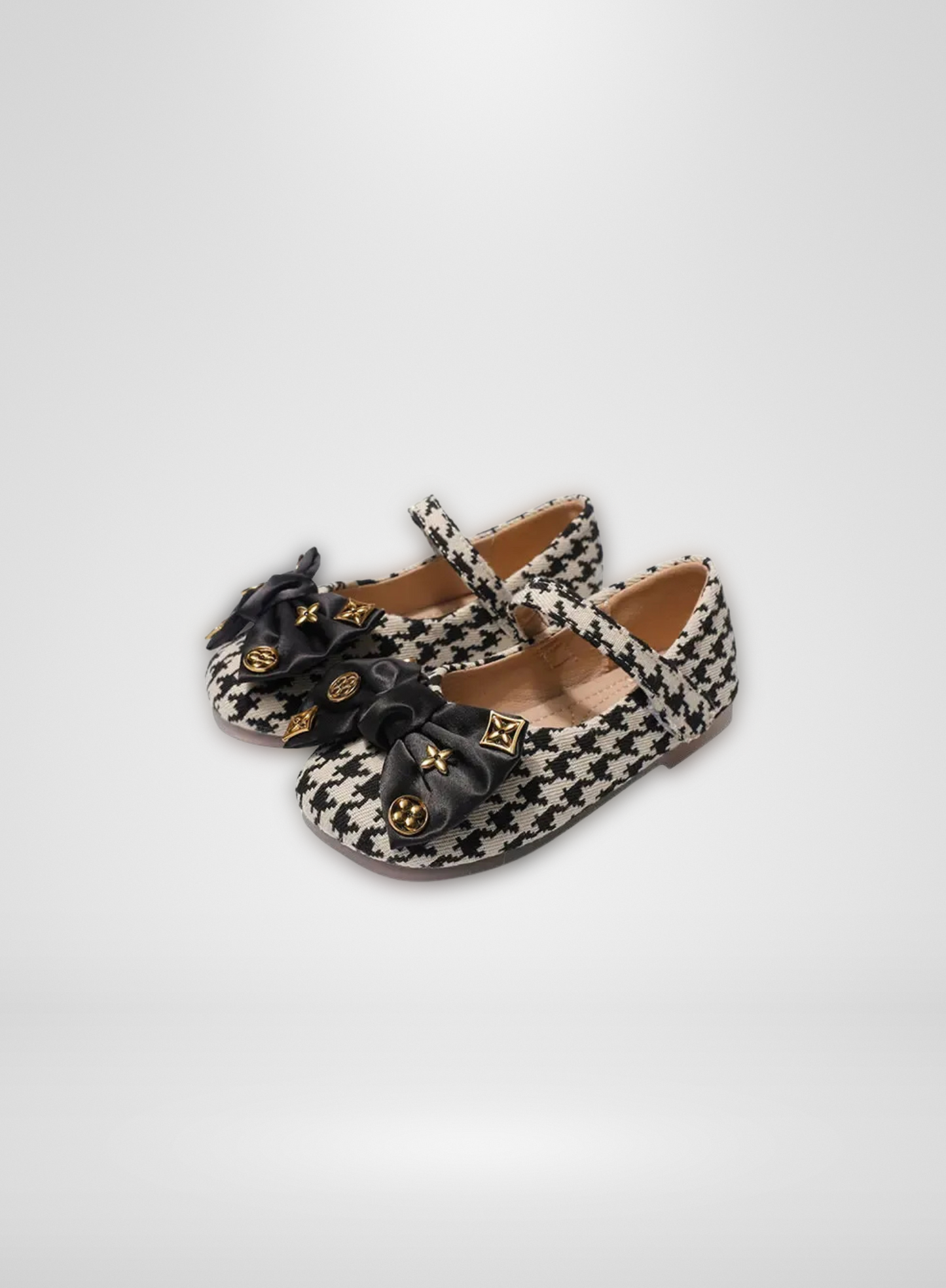 Houndstooth Black Bow Flats with Gold Charms