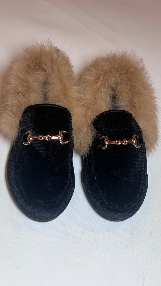 Black Velvet Furry Loafers